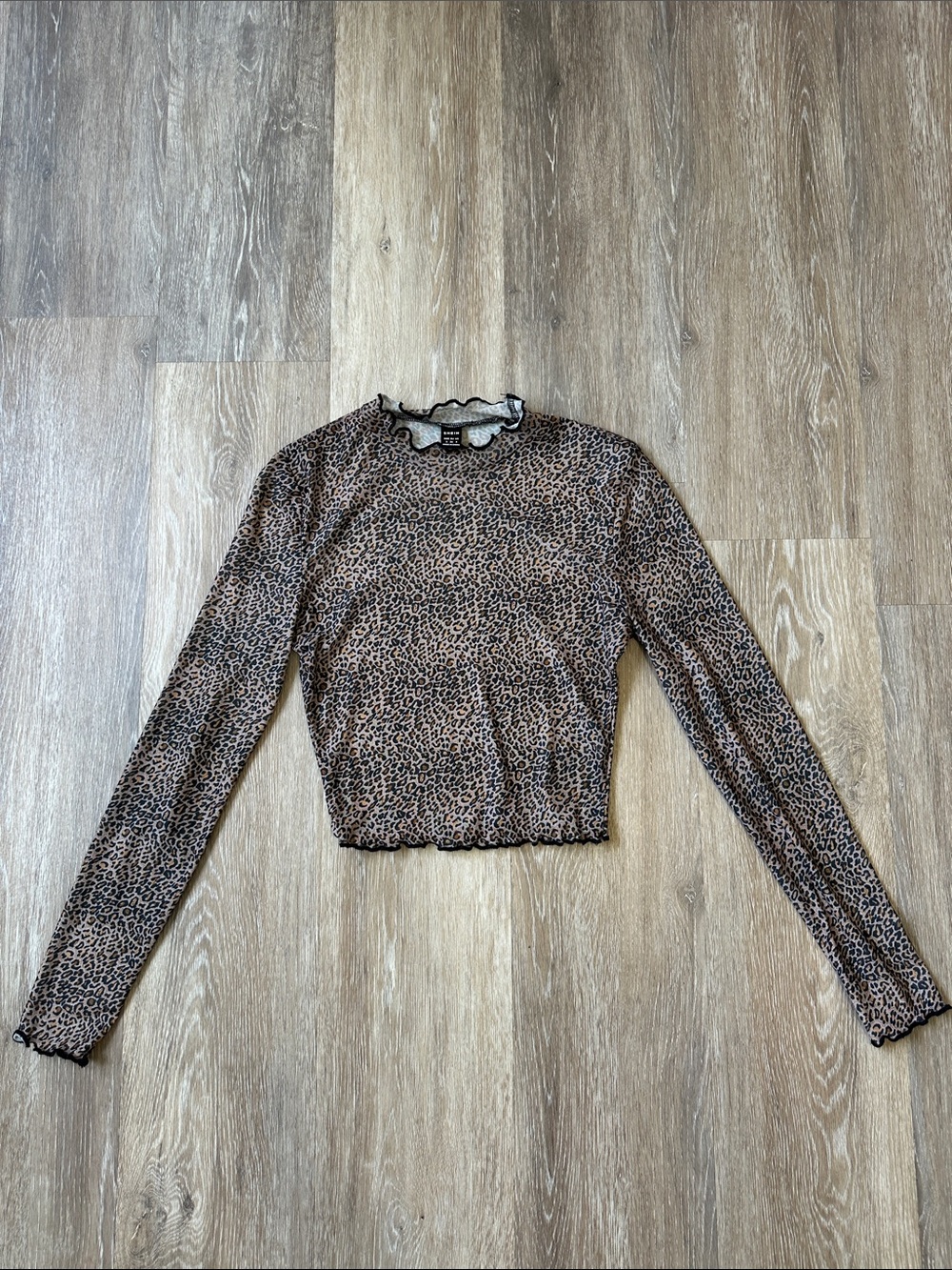 SHEIN Brown Leopard Print Long Sleeve Mesh Crop Top